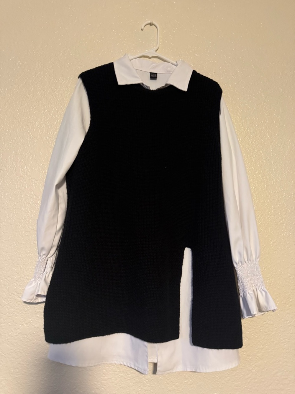 SHEIN Black Sleeveless V-Neck Knit Sweater Vest with White Shirt Layer